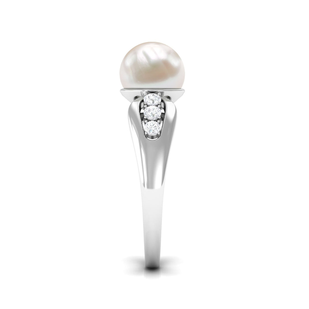 Rosec Jewels freshwater pearl solitaire ring with diamond side stones, featuring a delicate band and elegant design.