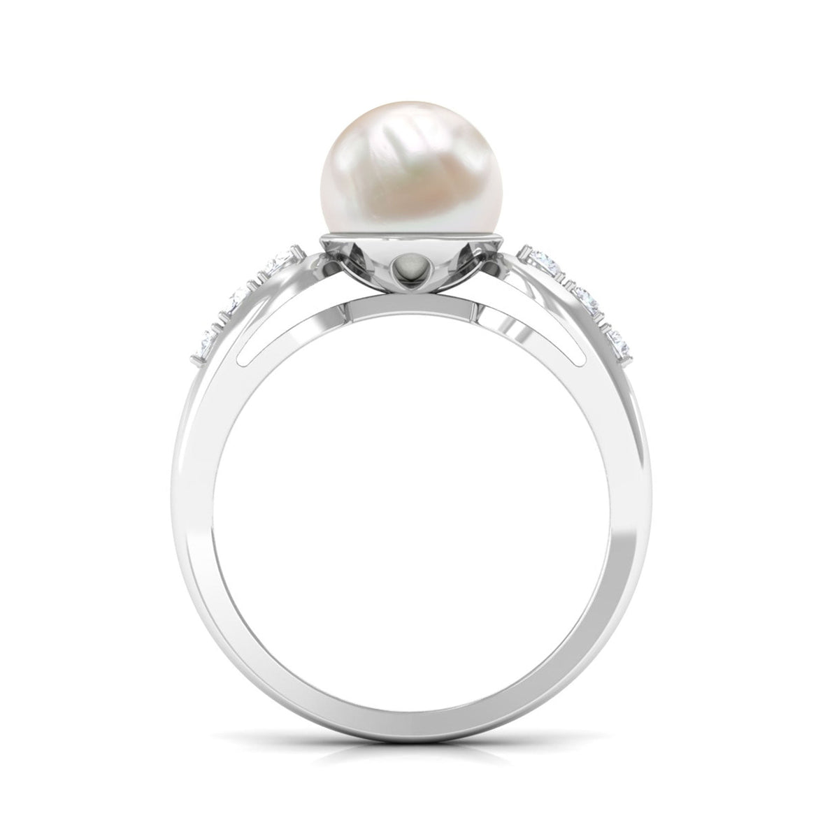 Freshwater pearl solitaire ring with diamond side stones by Rosec Jewels, showcasing a elegant pearl center with sparkling side accents.