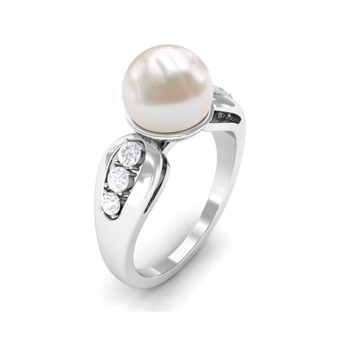 Freshwater pearl solitaire ring with diamond side stones by Rosec Jewels, showcasing the elegant bead design and sparkling accents.