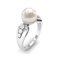 Freshwater pearl solitaire ring with diamond side stones by Rosec Jewels, showcasing the elegant bead design and sparkling accents.