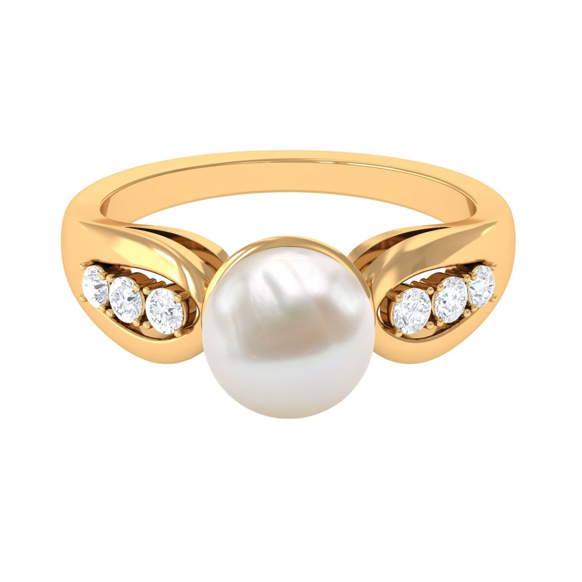 Freshwater pearl solitaire ring with diamond side stones by Rosec Jewels, showcasing a elegant ring design with a central pearl.