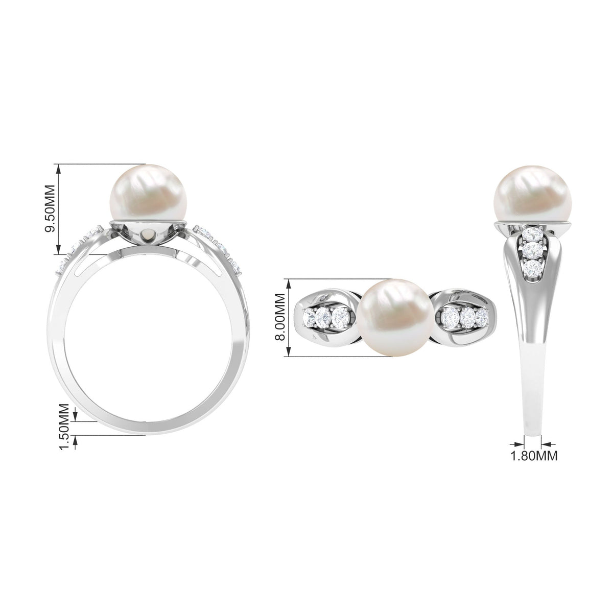 Freshwater pearl solitaire ring by Rosec Jewels featuring diamond side stones, showcasing elegant design and fine craftsmanship.