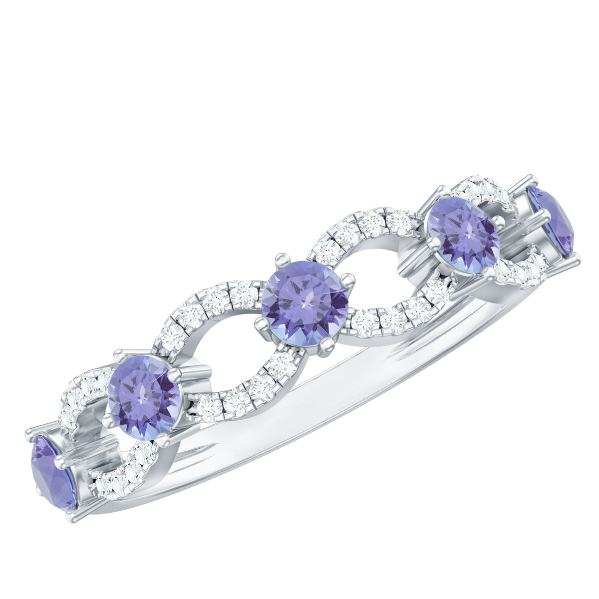 Silver tanzanite and diamond half eternity ring for women by Rosec Jewels, featuring alternating gemstones and elegant design.