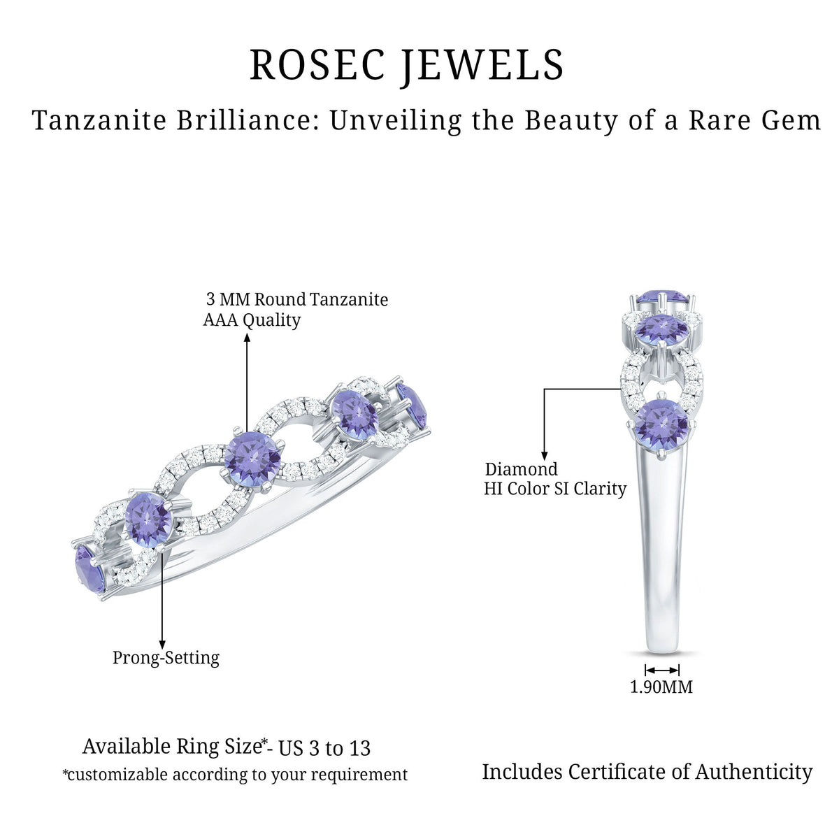 Rosec Jewels real Tanzanite diamond half eternity ring for women with sparkling blue gemstones and elegant band design.