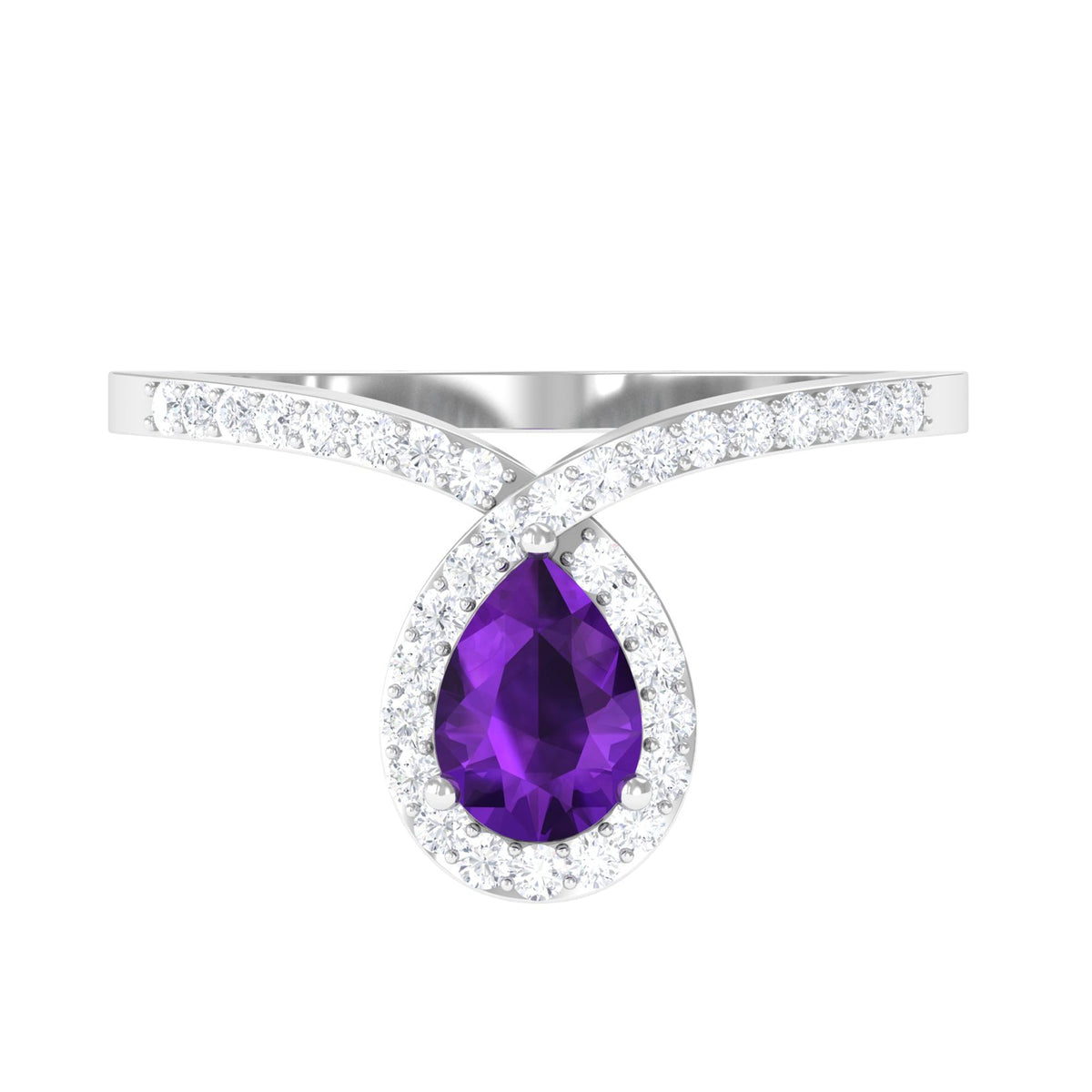 Rosec Jewels designer 1 carat pear-shaped amethyst chevron engagement ring with diamond accents, showcasing the intricate design.