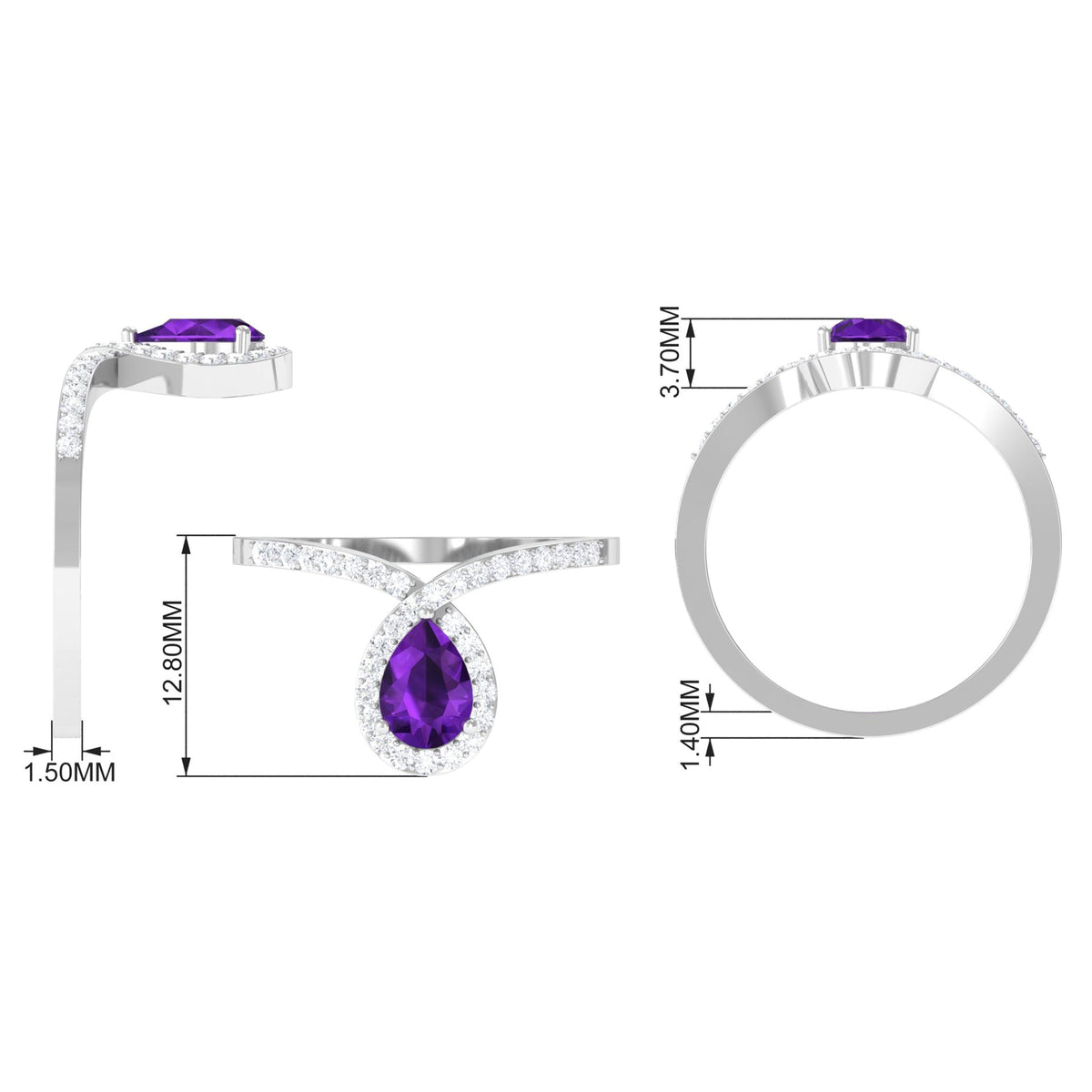 Rosec Jewels designer 1 carat pear-shaped amethyst chevron engagement ring with diamond accents, showcasing intricate gemstone design.