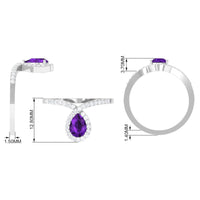 Rosec Jewels designer 1 carat pear-shaped amethyst chevron engagement ring with diamond accents, showcasing intricate gemstone design.
