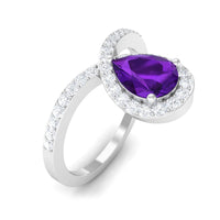 Pear-shaped amethyst chevron engagement ring with diamond accents by Rosec Jewels, showcasing the elegant gemstone setting.