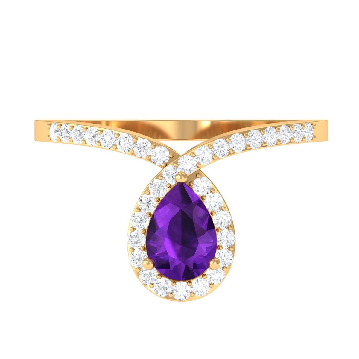 Pear-shaped amethyst and diamond engagement ring by Rosec Jewels featuring a 1-carat designer chevron ring design.