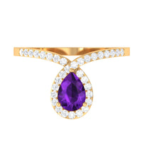 Pear-shaped amethyst and diamond engagement ring by Rosec Jewels featuring a 1-carat designer chevron ring design.