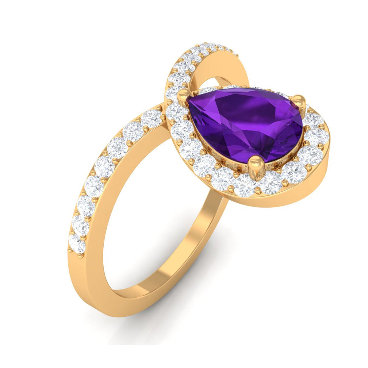 Pear-shaped amethyst engagement ring with diamond accents, designer 1-carat chevron ring by Rosec Jewels