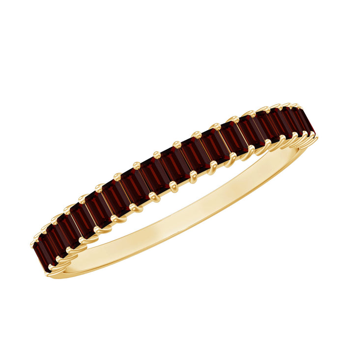 Yellow gold plated silver eternity ring with garnet baguette stones, crafted by Rosec Jewels.