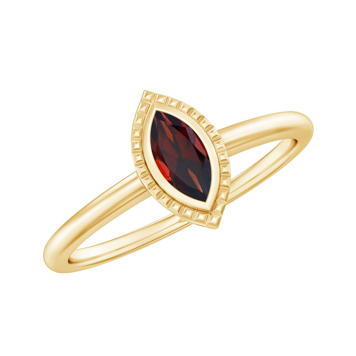 Bezel set marquise garnet promise ring in yellow gold plated silver, featuring a marquise-shaped garnet stone and elegant design.