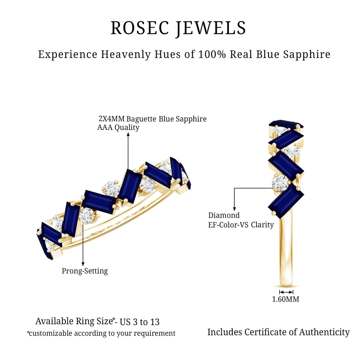 Certified Real Baguette Blue Sapphire Half Eternity Ring with Diamond