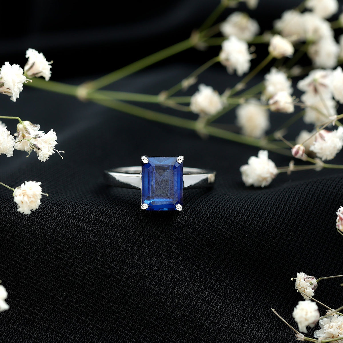 6X8 mm Emerald Cut Lab Created Blue Sapphire Solitaire Engagement Ring
