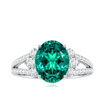 Certified 3 Carat Oval Lab Grown Emerald Split Shank Engagement Ring