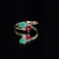 Heart Shaped Ruby Emerald Two Stone Engagement Ring