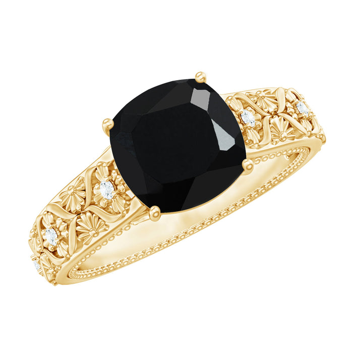 Genuine 2 carat black spinel vintage engagement ring with diamond accents by Rosec Jewels, featuring intricate metalwork and sparkling stones.