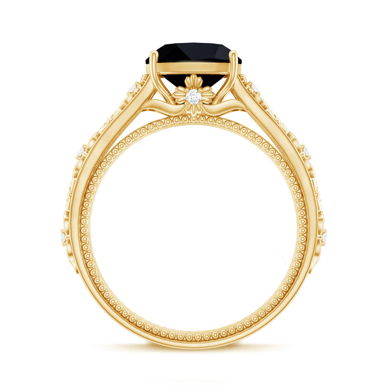 Genuine 2-carat black spinel vintage engagement ring with diamond accents, crafted by Rosec Jewels, showcasing intricate design.