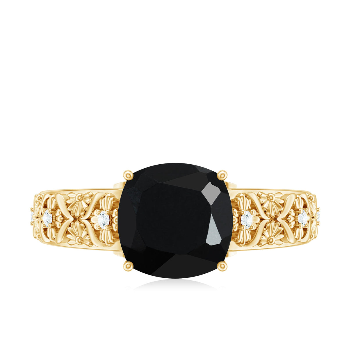 Genuine 2 Carat Black Spinel Vintage Engagement Ring with Diamond