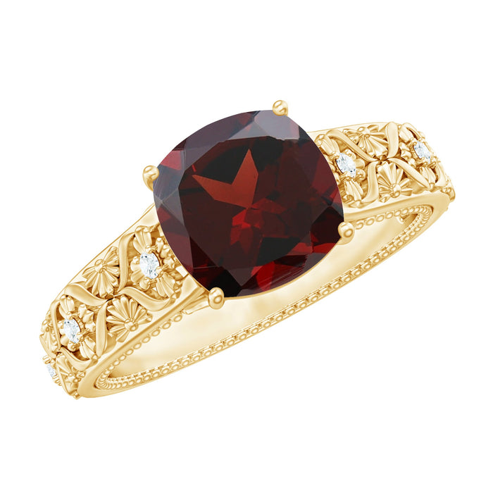 Nature-inspired 3.2 carat garnet cushion cut engagement ring with diamond accents from Rosec Jewels, displayed on a white background.