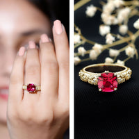 Vintage Inspired 2 Carat Cushion Cut Lab Created Ruby Engagement Ring