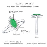 Elongated Marquise Cut Emerald Engagement Ring with Diamond Halo