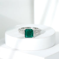 Princess Cut Lab Grown Emerald Solitaire Engagement Ring with Diamond