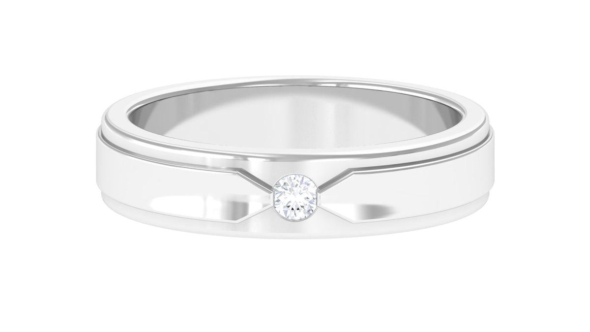 Certified real men's diamond band ring by Rosec Jewels with a sleek, polished design and sparkling diamonds on a silver band.