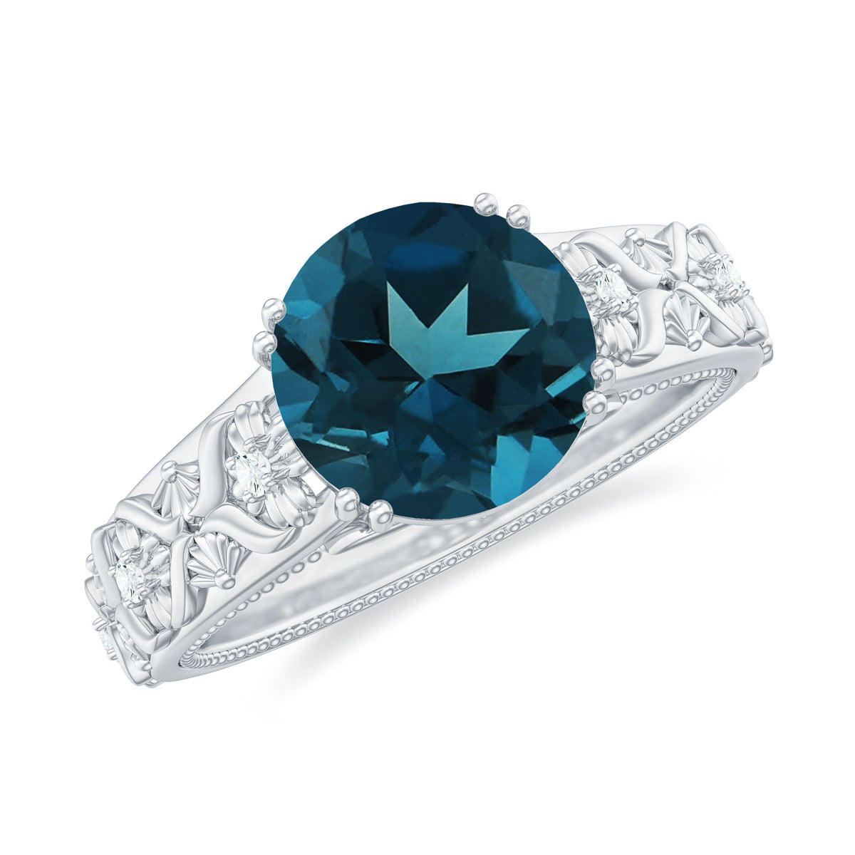 8mm round London Blue Topaz vintage engagement ring by Rosec Jewels featuring a sparkling blue gemstone and intricate band design.