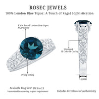 Rosec Jewels 8mm round London Blue Topaz vintage engagement ring with certificate, showcasing a stunning blue gemstone and intricate band.