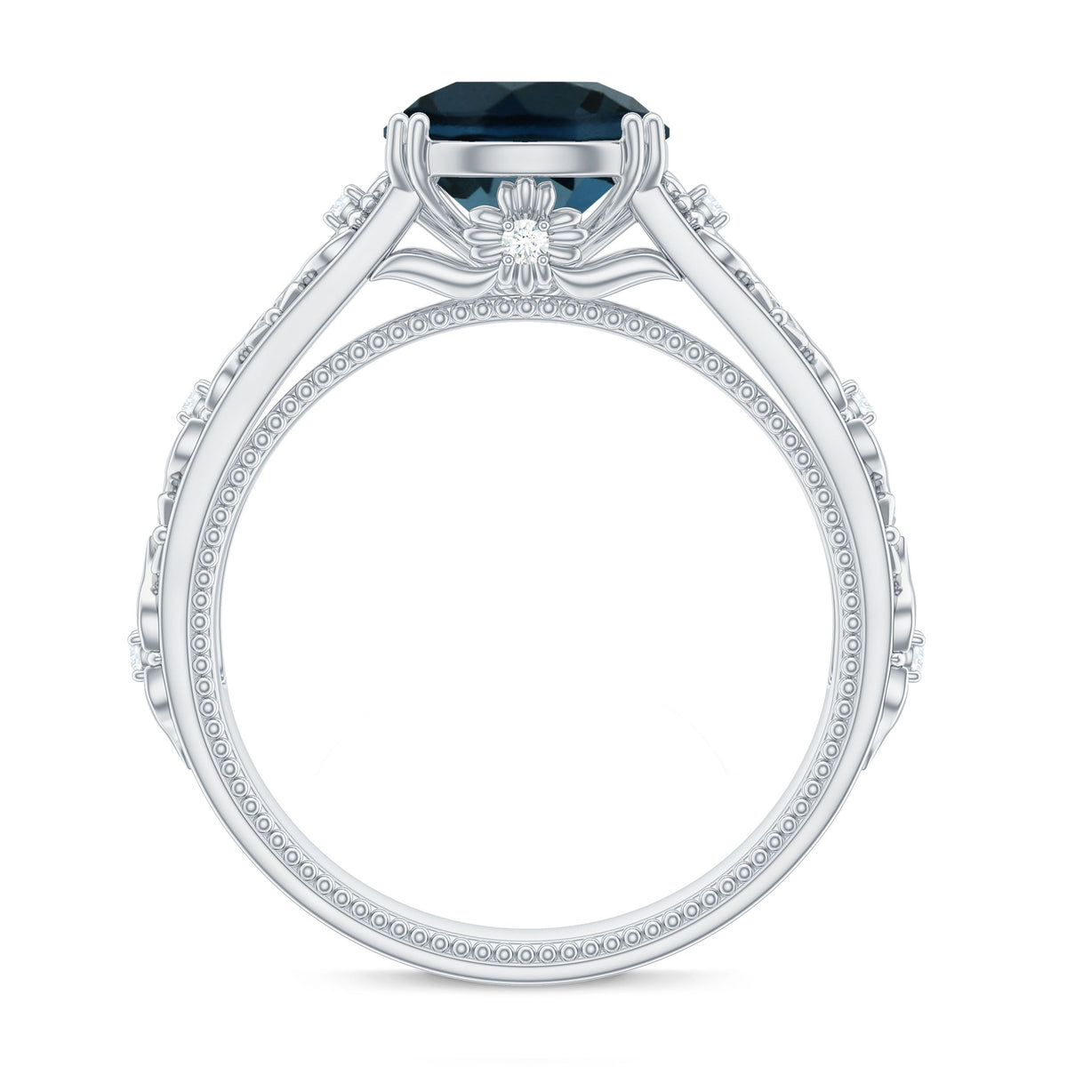 8mm round London Blue Topaz vintage engagement ring by Rosec Jewels with certificate, showcasing the blue gemstone set in elegant metal.