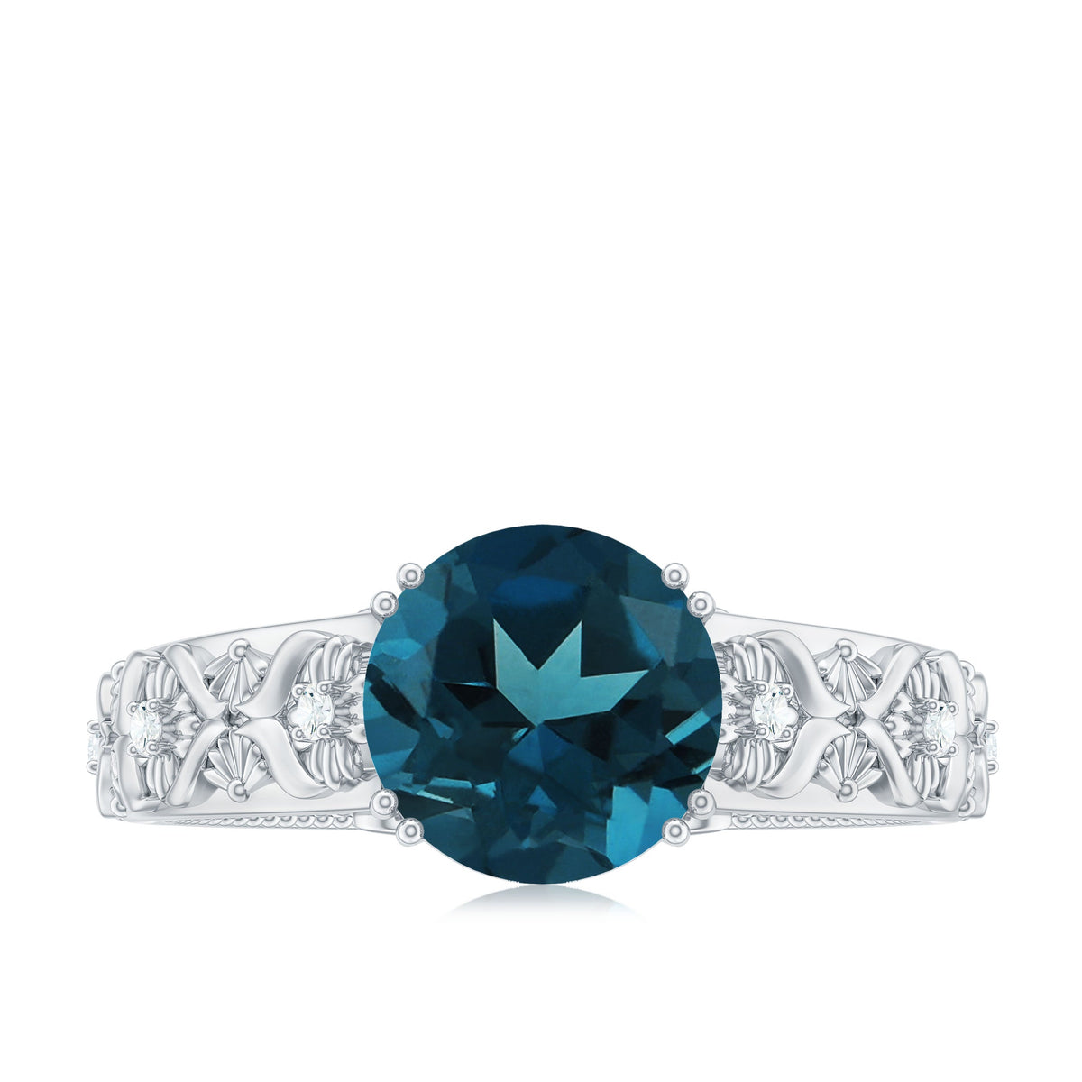 8mm round London Blue Topaz vintage engagement ring by Rosec Jewels featuring a sparkling blue gemstone and intricate band detail.