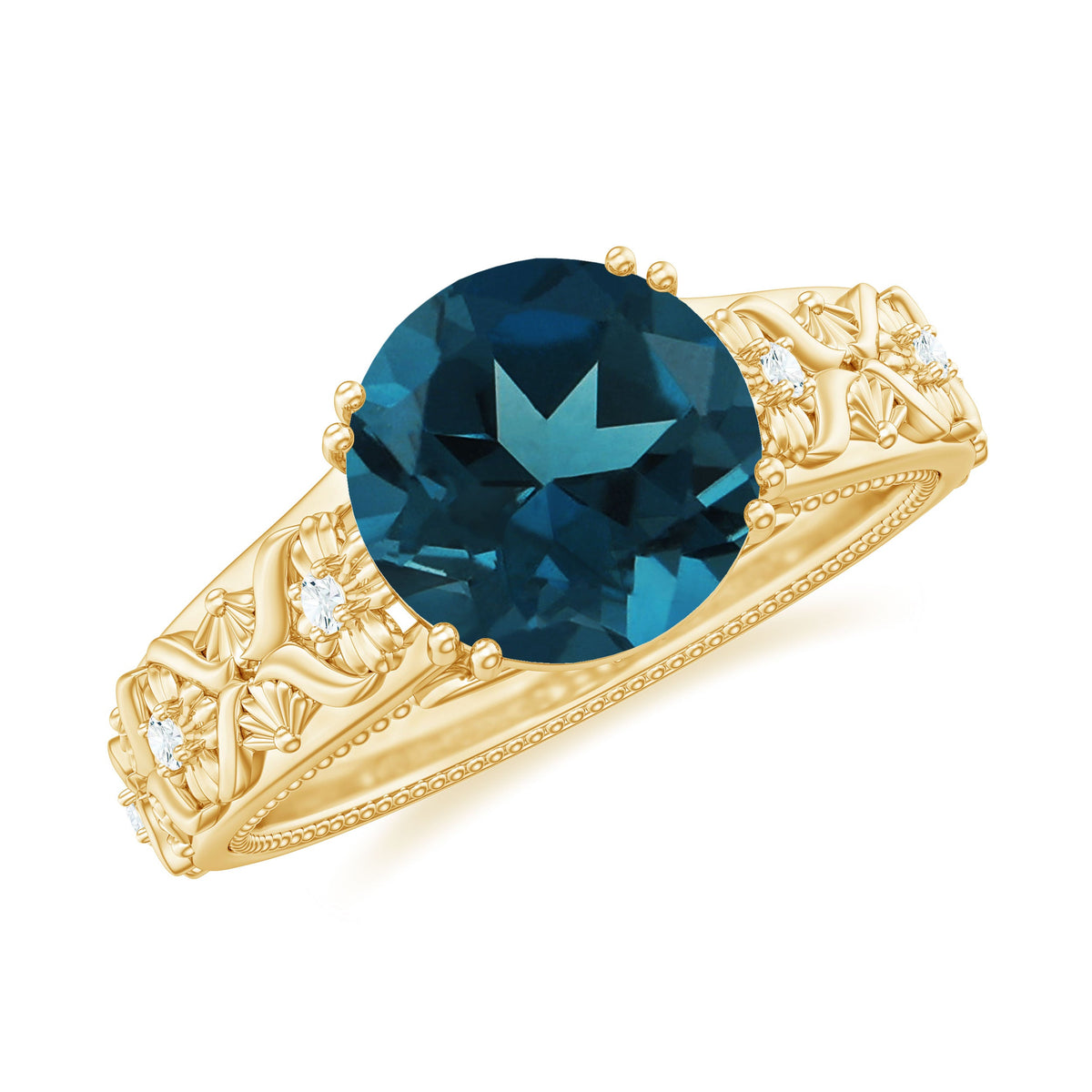 8mm round London Blue Topaz vintage engagement ring by Rosec Jewels with certificate, featuring a detailed silver band and gemstone setting.