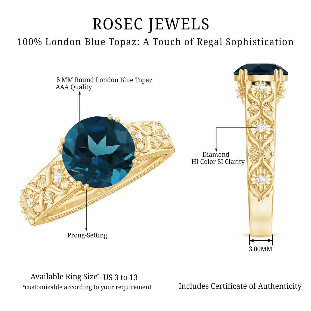 8mm round London Blue Topaz vintage engagement ring by Rosec Jewels featuring a blue gemstone and intricate band detail.