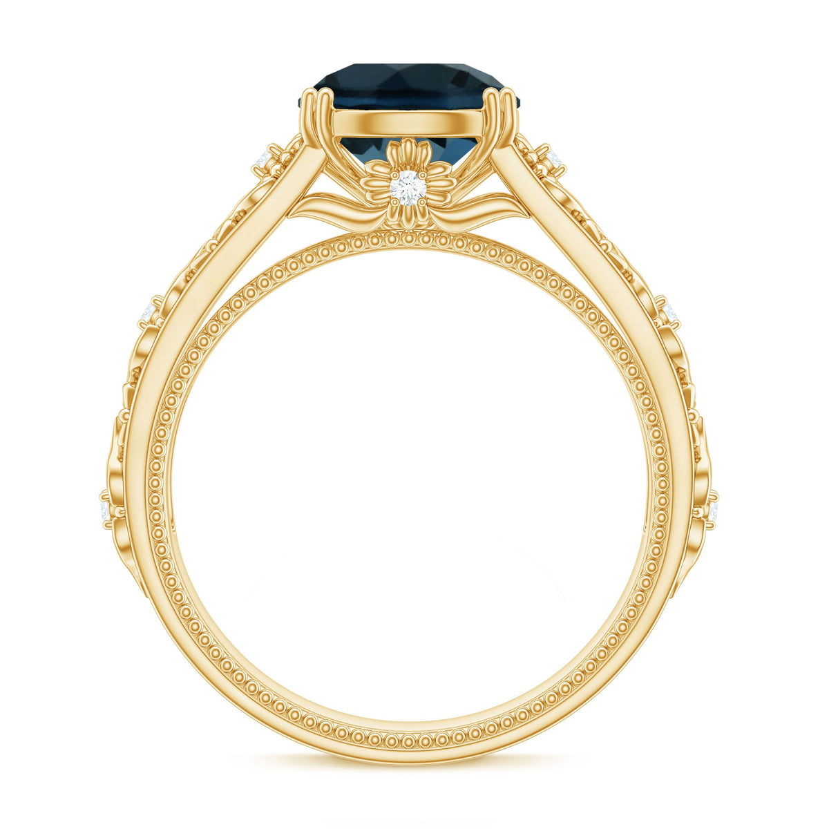 8mm round London Blue Topaz vintage engagement ring by Rosec Jewels featuring a stunning blue gemstone and intricate band details.