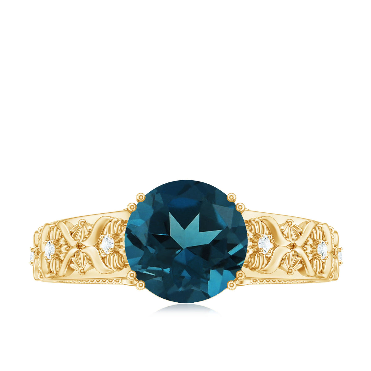 8mm round London Blue Topaz vintage engagement ring by Rosec Jewels with certification, featuring a sparkling blue gemstone in a detailed setting.