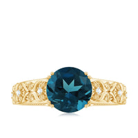 8mm round London Blue Topaz vintage engagement ring by Rosec Jewels with certification, featuring a sparkling blue gemstone in a detailed setting.