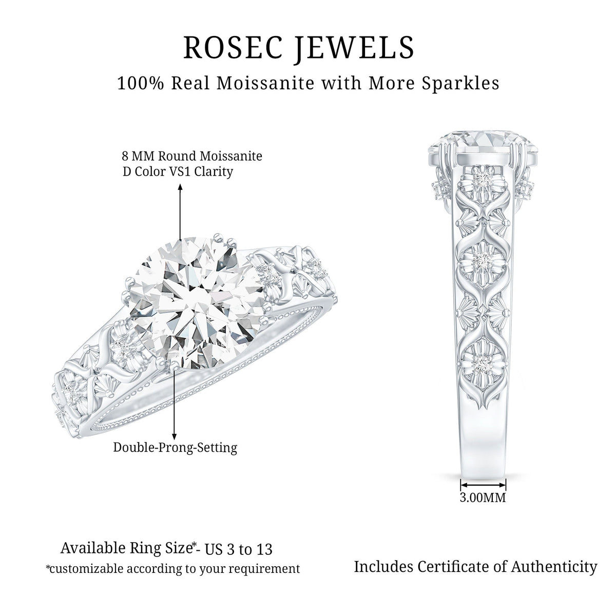 Two-carat moissanite vintage engagement ring with double prong setting from Rosec Jewels, showcasing intricate metalwork and sparkling gemstone.