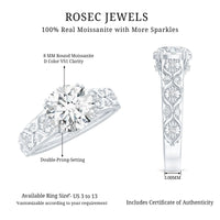 Two-carat moissanite vintage engagement ring with double prong setting from Rosec Jewels, showcasing intricate metalwork and sparkling gemstone.
