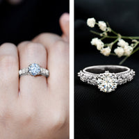 2 Carat Moissanite vintage engagement ring with double prong setting by Rosec Jewels, featuring intricate design and sparkling center stone.
