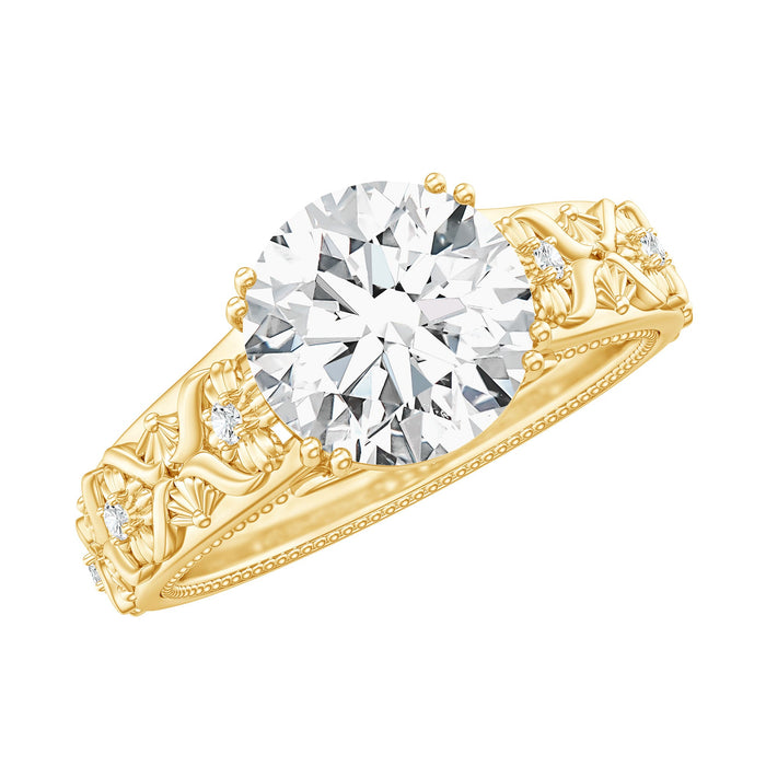 Two-carat moissanite vintage engagement ring with double prong setting, featuring intricate metalwork and a sparkling center stone.