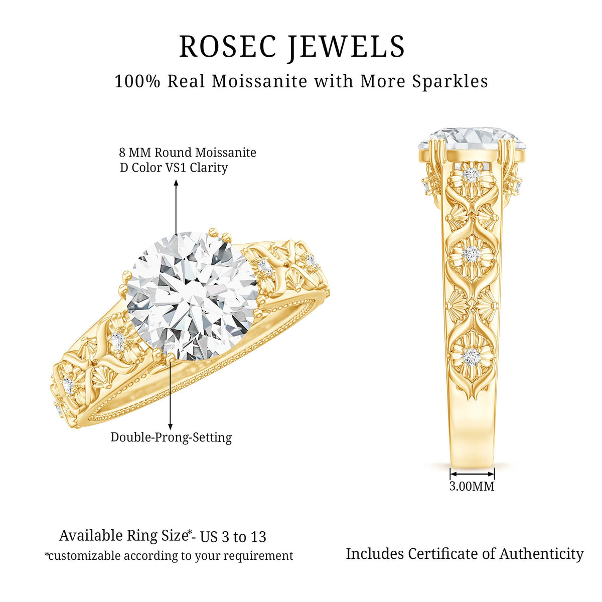 Two-carat moissanite vintage engagement ring with double prong setting by Rosec Jewels, showcasing intricate design and sparkling stone.