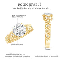 Two-carat moissanite vintage engagement ring with double prong setting by Rosec Jewels, showcasing intricate design and sparkling stone.