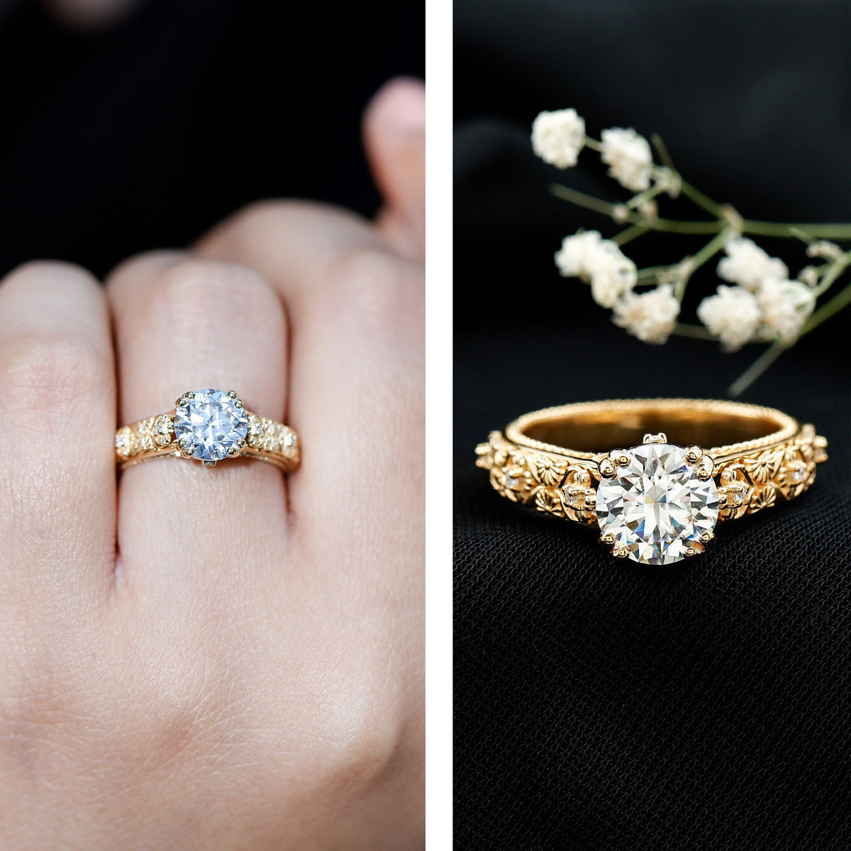 Two-carat moissanite vintage engagement ring with double prong setting, featuring intricate design and rose gold finish by Rosec Jewels.