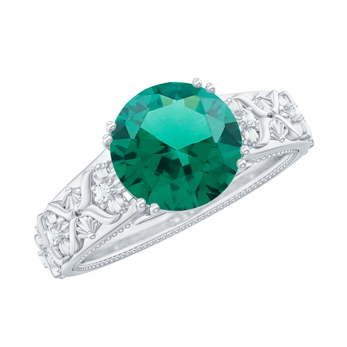 2 Carat Round Lab Created Emerald Antique Looking Engagement Ring with Diamond