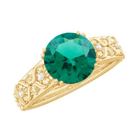 2 Carat Round Lab Created Emerald Antique Looking Engagement Ring with Diamond