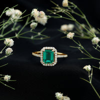 1.6 Carat Emerald Cut Lab Created Emerald Engagement Ring With Moissanite Halo