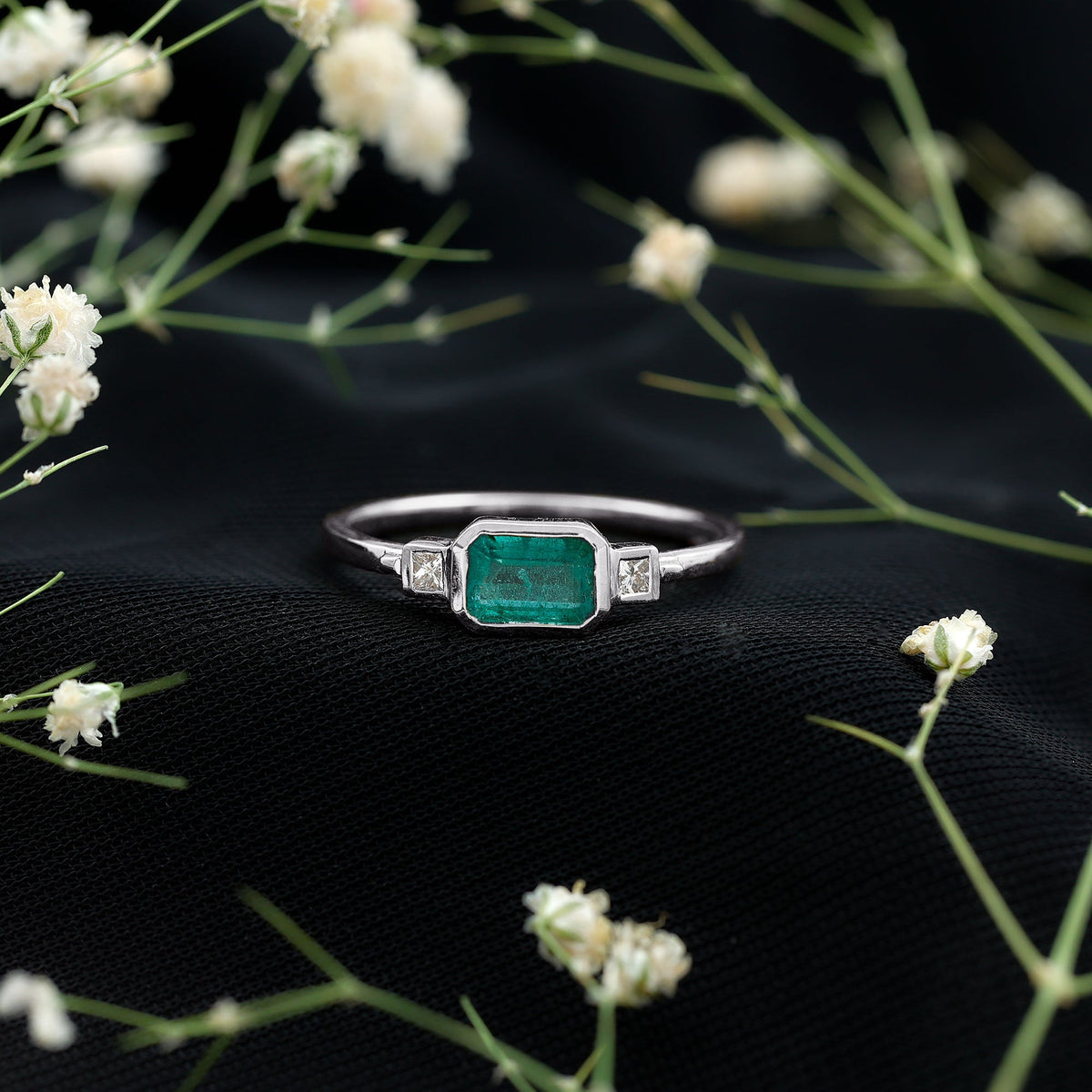 Octagon shape Emerald and Diamond East-West Promise Ring in Bezel Setting