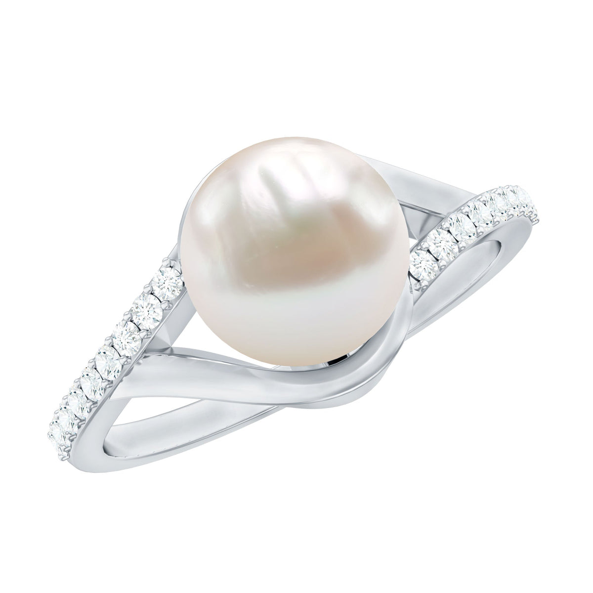 Rosec Jewels cultured 7.4 carat freshwater pearl engagement ring with diamond split shank, showcasing elegant design and craftsmanship.
